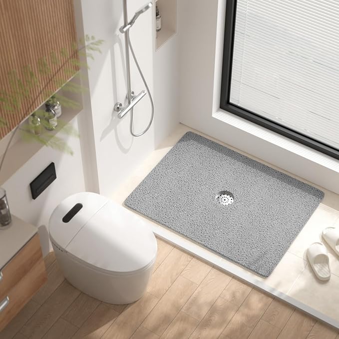 HITSLAM Shower Mat, 32 x 24 Inch Non Slip Bath Mat for Tub, Soft PVC Loofah Bathtub Mats with Drain Holes, Quick Drying Bathroom Stall Floor Mat, Bathroom Accessories Without Suction Cup, Grey