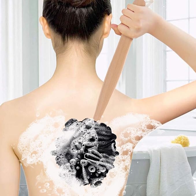 Loofah with Handle - Back Scrubber & Exfoliating Shower Sponge, PE Soft Mesh on a Wooden Stick for Men and Women(Black)