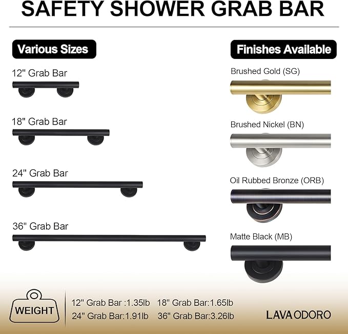 Lava Odoro Shower Grab Bar, Modern Stainless Steel Handicap Grab Bar for Bathtubs and Showers, Shower Safety Bar for Seniors Disabled, ADA-Compliant (Matte Black, 18 Inch)