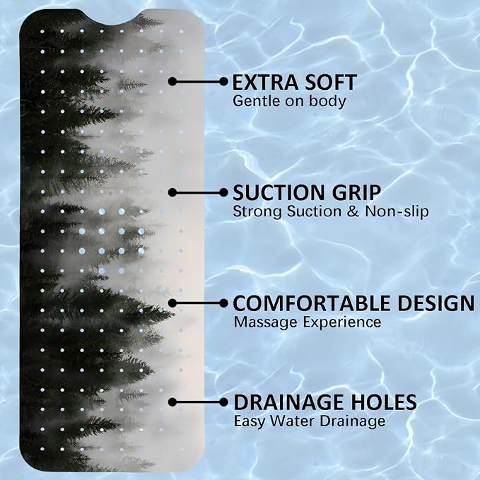 Misty Forest Bathtub Mat Non Slip, Baby Bath Mat for Tub Rubber Tub Mat, Kids Bath Mats for Bathroom Nature Trees Anti Slip Shower Mat with Suction and Drain Holes Machine Washable, 40″X16″