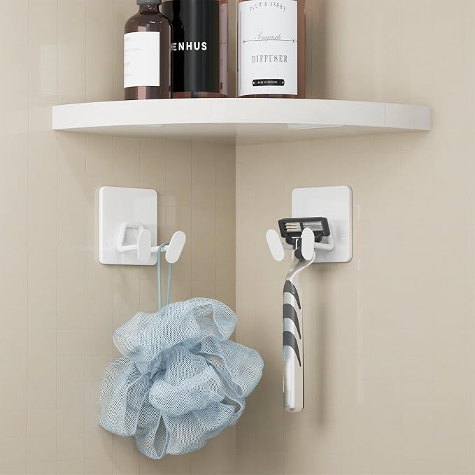 susswiff Adhesive Shower Hooks for Bathroom - Extra Sticky Stainless, Wall Hooks for Hanging Towel, Razor, Loofah, Robe, Coat, Heavy Duty Hanger for Kitchen, Bedroom, Door, Metal, Matt White, 6 Pack