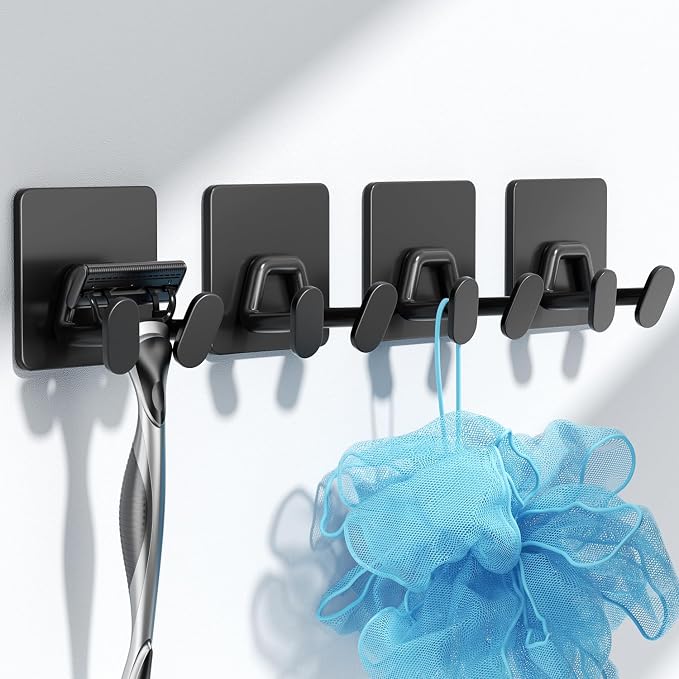 Adhesive Shower Hooks for Inside - Extra Sticky Stainless, Razor Holder Shower Accessories, Wall Mounted Self-Adhesive Double Hooks for Razor, Loofah, Towel, Shaver, Coat, Key, Matt Black, 6 Pack