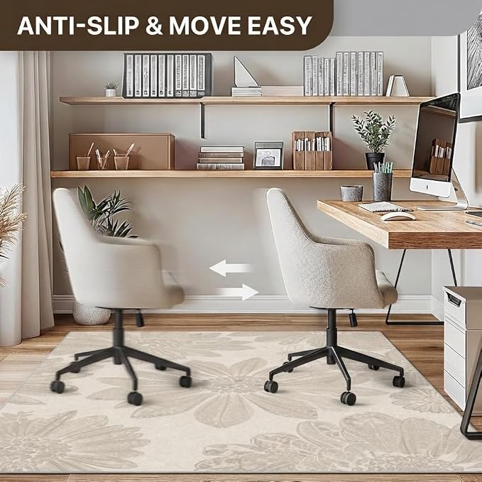 48"x72" Office Chair Mat for Hardwood Tile Floor, Under Desk Carpet Protector for Rolling Computer Chair Mat, Machine Washable Area Rug, Anti-Slip 1/5" Thick Low Pile Thin Vinyl Floor Mat, Dusty Beige