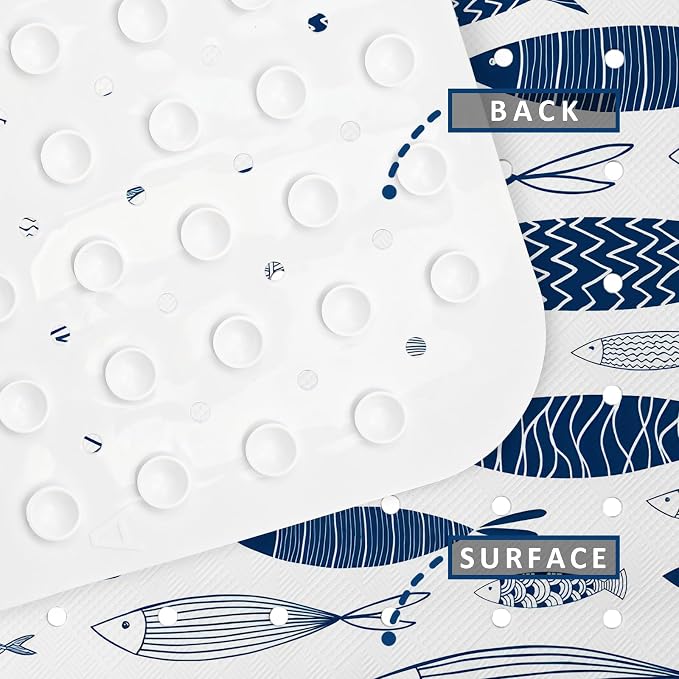 Fish Bathtub Mat Non Slip, Boho Baby Bath Mat for Tub Rubber Tub Mat, Cute Kids Bath Mats for Bathroom Ocean Anti Slip Shower Mat with Suction and Drain Holes Machine Washable, 40″X16″