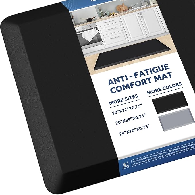 KitchenClouds Kitchen Mat Cushioned Anti Fatigue Rug 20"x39" Water Resistant, Non Slip, Standing and Comfort Desk/Floor Mats for House Sink Office (Black,0.8inch)