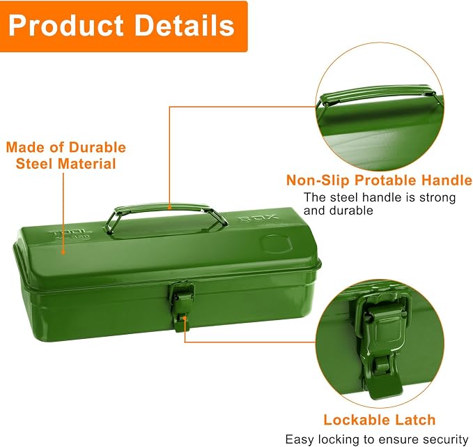 HARFINGTON Tool Box 14.2" Portable Steel Tool Box Hip Roof Style with Metal Latch Closure Tool Chest for Household Workshop Car, Green
