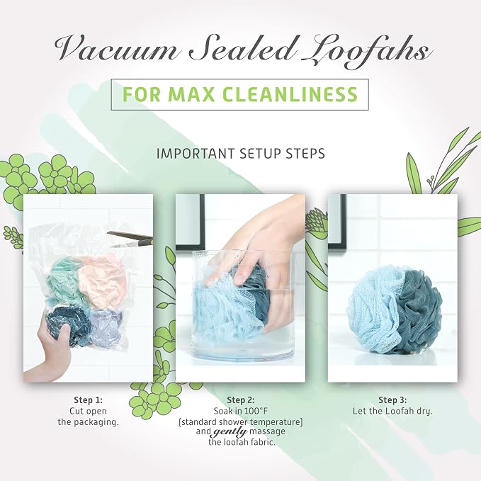 Spongentle Shower Loofah Bath Sponge, Body Scrubber with Soft Mesh, Exfoliating Bath Pouf and Body Wash Sponge for Women and Men, Bath Accessories Cleaning Tool, Large 60g 4 Pack