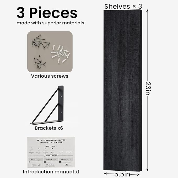 BAYKA Wall Mounted Floating Shelves, Wood Floating Wall Shelf for Books & Decor, Small Space-Saving Display & Organizer（Black，36in，Set of 3）