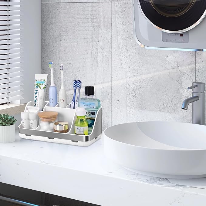 GFWARE Toothbrush Holders for Bathrooms Countertop Organizer - Kids Electric Toothbrush and Toothpaste Holder Detachable 7 Slots Tooth Brush Organization Bathroom Accessories Storage Vanity, Silver