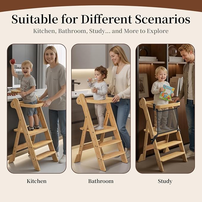 COSYLAND Foldable Kids Step Stool - iF Design Award Standing Tower with Safety Net & 2 Large Side Support Legs - Adjustable Height Toddler Ladder for Kitchen Counter/Bathroom Sink -(Natural)-Foldi