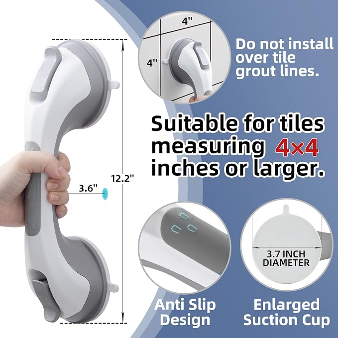 Shower Grab Bar Suction Cup 12 inch, 2 Pack Grab Bars for Bathtubs, Bathroom Safety Grip Shower Handle for Elderly and Seniors, Bath Handrails Removable Waterproof No Drilling Grey