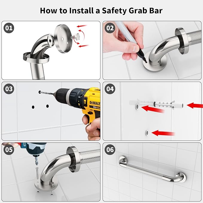 Chrome Bathroom Grab Bars 24 Inch, iHansee Anti Slip Grab Bar w/Knurled Grip, Stainless Steel Safety Handle for Bathtub, Wall Mounted Balance Support Handrail, Handicap Shower Bars for Senior Elderly