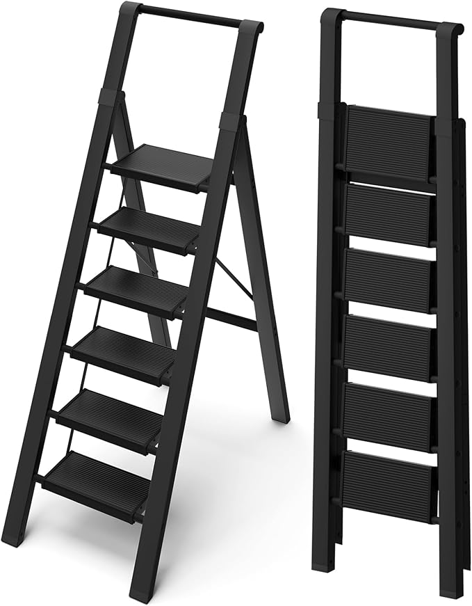 6 Step Ladder, Lightweight Folding Step Stool with Convenient Handgrip,Aluminum 330lbs Capacity Step Ladder for Office,Household,Kitchen(Black)