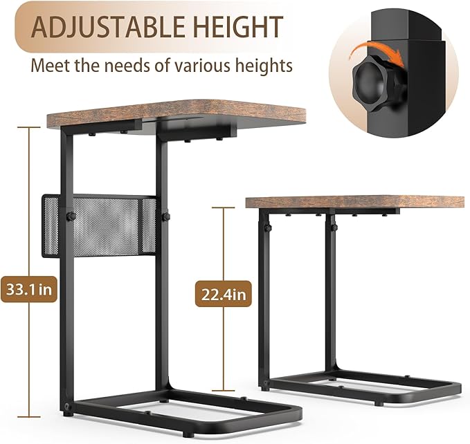 Fashion TV Tray Table with Large Tabletop, Adjustable Sofa Table with Storage Baskets, Strong Metal Frame, Tv Dinner Tray Table for TV Watching, Meals, Snacks (Square, Brown, 16.93inch x 12.6inch)