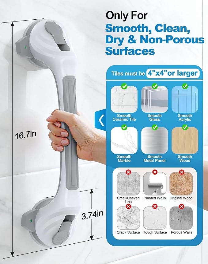 Grab Bars for Shower, 16.7" Shower Grab Bars for Seniors, Heavy Duty Suction Cup Shower Handle with Safety Indicators, No-Drill Anti-Slip Bathroom Shower Bars for Elderly & Handicap, 2 Pack