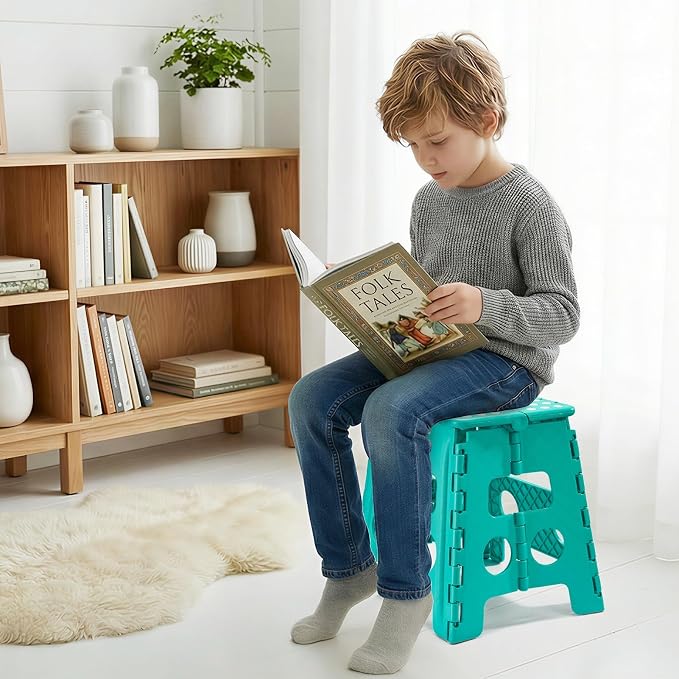 ACKO Folding Step Stool 13 Inch, Sturdy Collapsible Step Stool Foldable Up to 300 lbs for Adults, Non Slip Lightweight Foot Stools with Handle, Ideal for Kitchen, Bathroom, Bedroom, Garden, Teal