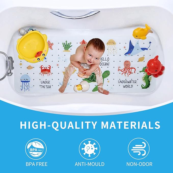 Baby Bath Mat for Tub Non Slip Kids Bathtub Mat Extra Long 40X16 Inch Toddler Bath Tub Shower Mat Anti Slip with Suction Cups & Drain Holes, Machine Washable (Under the sea)