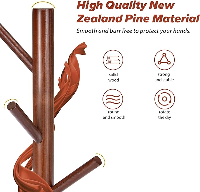 Coat Rack, Coat Racks Freestanding with 8 Hooks 3 Adjustable Heights for Clothes, Hats, Handbags, Coat Tree Easy Assembly for Entryway, Bedroom, Hallway, Office(Brown)