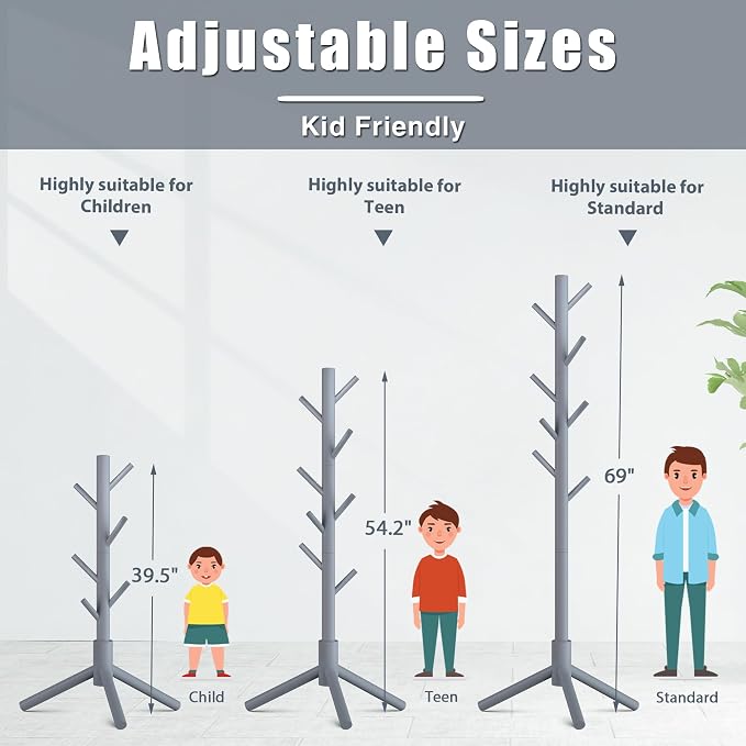 Haddockway Wooden Coat Rack Stand with 8 Hooks New Zealand Pine 3 Adjustable Coat Standing Tree Easy Assembly for Coats, Hats, Scarves and Handbags for Entryway, Hallway, Bedroom, Office