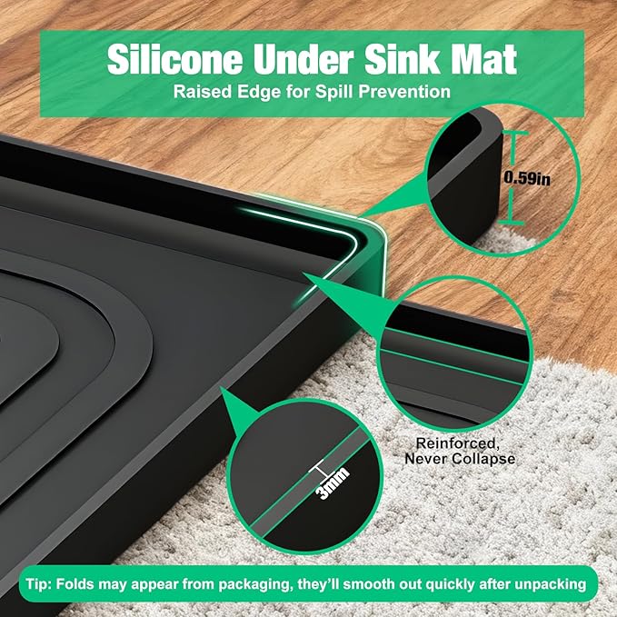 Aisslro Under Sink Mat 28" X 19", Waterproof Silicone Under Sink Mats for Kitchen, Anti-Leak Shelf Liner & Cabinet Protector with Raised Edge, [BPA Free] Bathroom Tray Home Organizer, Black
