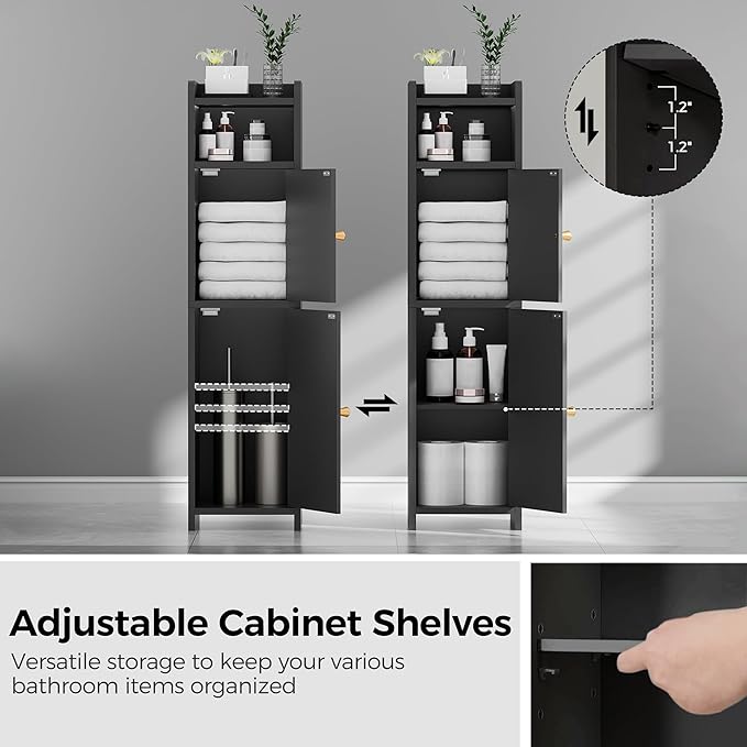 BEWISHOME Small Bathroom Cabinet, Bathroom Storage Cabinet with Adjustable Shelves & 2 Doors, Narrow Toilet Paper Cabinets, 7.9" D x 7.9" W x 31.5" H, for Small Spaces, Black YYG03B