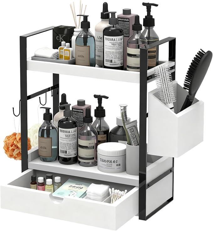 2-Tired Bathroom Counter Organizers and Storage, Bathroom Countertop Organizer with Drawer, Solid Wood Skincare Perfume Organizer for Vanity Kitchen Corner Shelf Office Countertop (White)