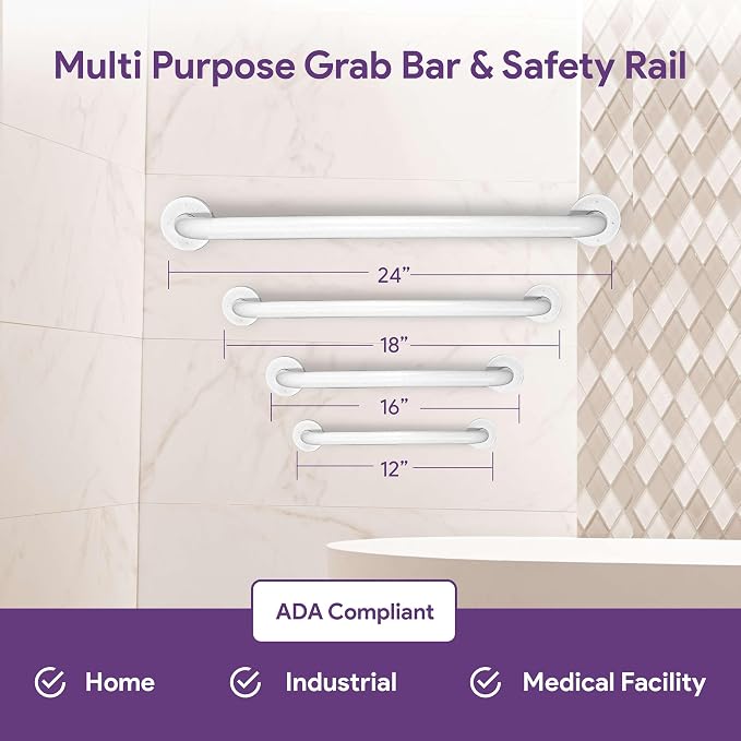 White 18 Inch Grab Bars for Bathtubs and Showers - Powder Coated Steel Bathroom Safety Rail Handle - Non Slip Grip Handicap Grab Bar for Seniors, 250 lbs Weight Support Capacity