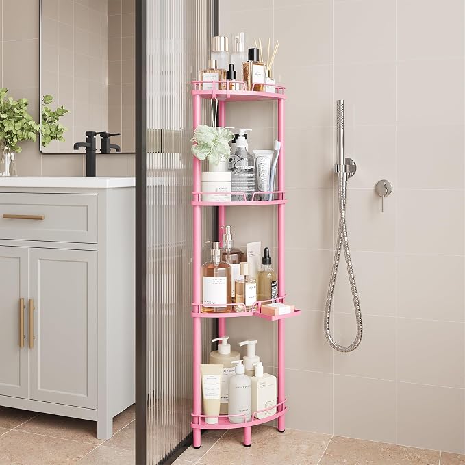 ELYKEN Corner Shower Caddy Standing, 4 Tier Rustproof Metal Shower Organizer with Soap Holder, Floor Shower Corner Shelf Rack Storage Stands with Adjustable Feet & 2 Hooks for Bathroom, Pink