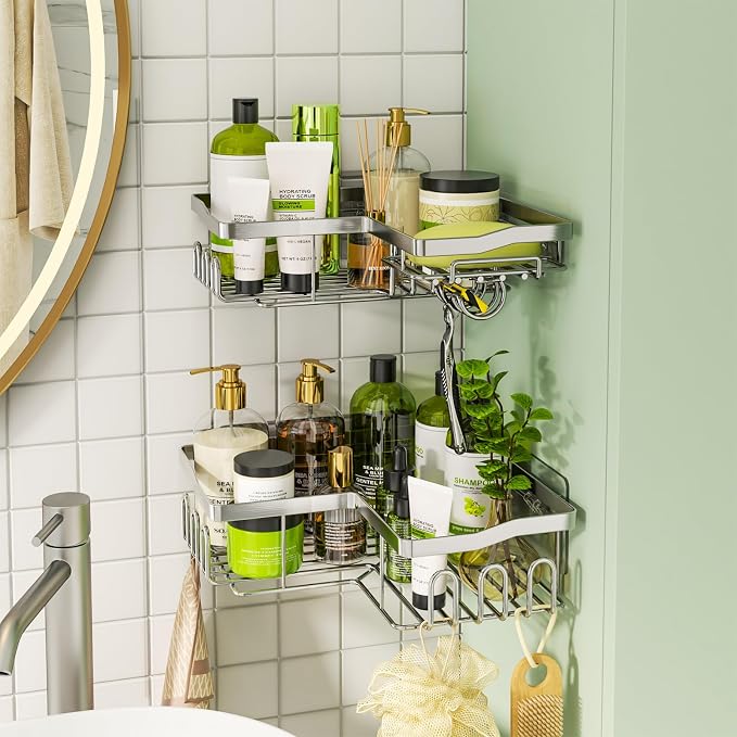 HapiRm Corner Shower Caddy Organizer - Shower Organizer Corner with Shampoo Holder and 11 Hooks, Rustproof Bathroom Shelf for 90° Right Angle - Silver