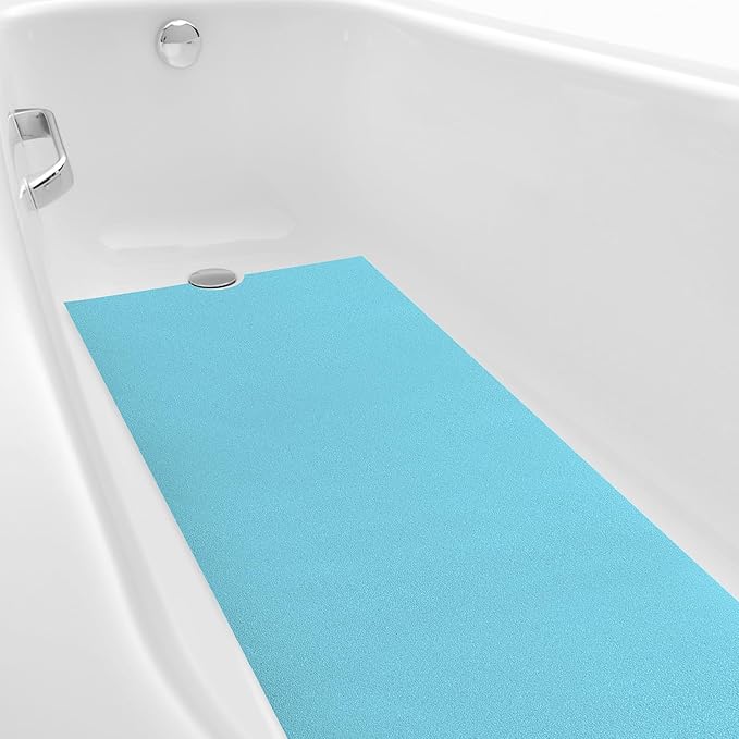 Dunzoom 16" x 40" Non Slip Bathtub Mat with Drain Cut Out Anti Slipping Non Skid Safe Tub Mat Adhesive Peel and Stick Bath Tub Mat PEVA Tub Sticker for Shower Floor Boat Wet Areas(Light Blue)