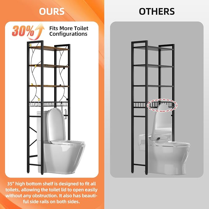 Over-The-Toilet Storage Rack, 4-Tier Bathroom Organizer Shelf Over Toilet with Adjustable Shelf and Basket, Freestanding Space Saver Bathroom Shelves Above Toilet for Room (Rustic Brown)