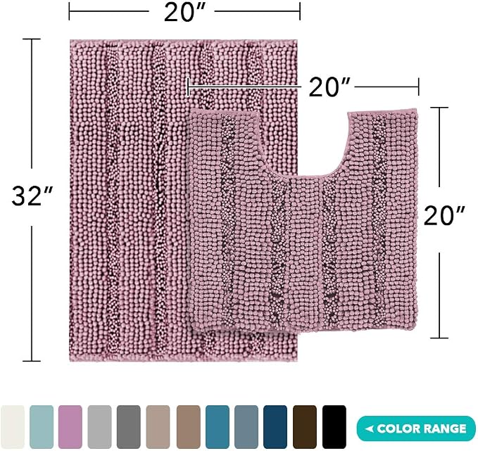 Turquoize Chenille Bathroom Rugs Non-Slip Bath Mats for Bathroom Super Absorbent Shaggy Rugs for Tub Shower Toilet Plush Bath Rug Plus U Shaped Rug (Standard: 20" x 32" and 20" x 20" U), Mauve/Rose