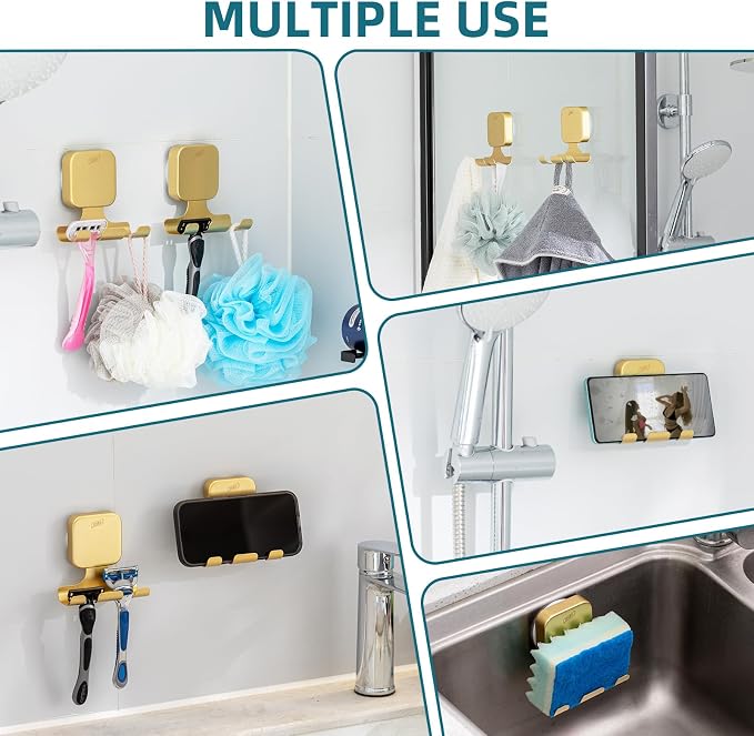 TAILI Powerful Suction Cup Razor Holder 2 Pack, Stylish 304 Stainless Steel Bathroom Suction Hooks for Towel, Loofah, Bathrobe, Shaver Holder for Shower Wall, Easy to Install and Reuse, Gold