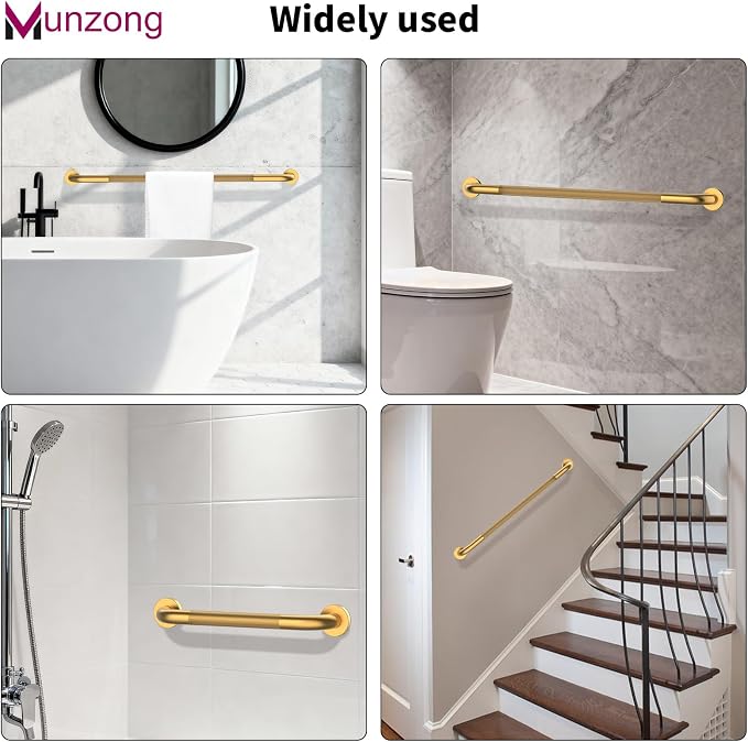 3 Pack Anti Slip Shower Grab Bar for Commercial, Munzong 18" 36" 42" Gold Bathroom Grab Bar Bundle, 1.25" Diameter Handicap Balance Bar,Safety Hand Rail for Elderly Injury Senior Assist Bath Handle