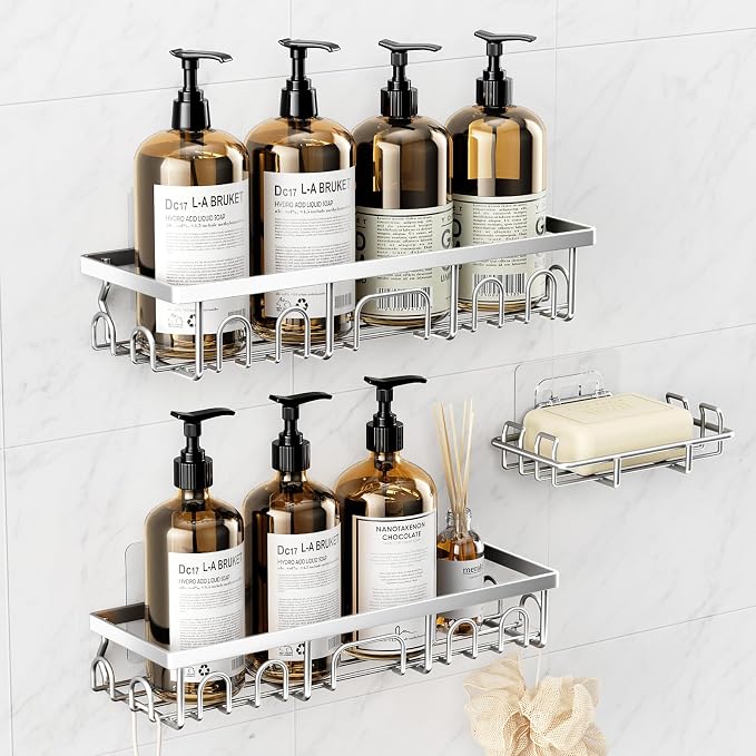 Shower Caddy, 3 Pack Shower Shelves for Inside Bathroom, Rustproof Adhesive Bathroom Organizer with Soap Holder, No Drilling Washroom Organizers and Storage for Tub Room/Kitchen/Home, Silver