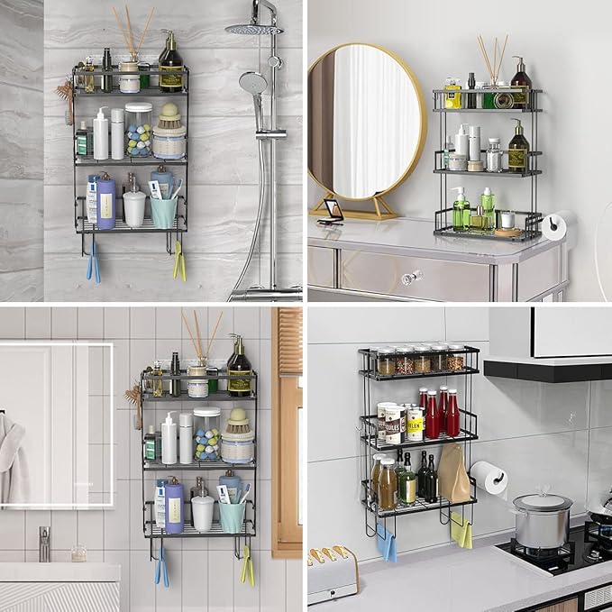 FLOLXNB Over The Toilet Storage Shelf, 3-Tier Bathroom Storage Organizer Upgrade Punch-Free Toliet Storage Shelf, Home Storage Rack with Hooks Shelf,Black