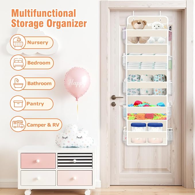 WISELIFE Over The Door Organizer - 5 Shelves Large Capacity Hanging Bedroom Storage Solution with Side Pockets for Dorm Bathroom Pantry Nursery and Baby Essentials Holds up to 40 Lbs (Beige)