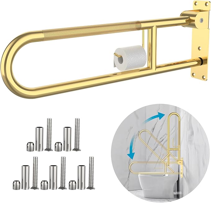 Toilet Grab Bar 32 Inch Gold, Munzong Anti-Slip Handicap Grab Bars with Paper Holder, Flip-Up Bathroom Safety Rails, Stainless Steel Knurled Support handrails for Seniors Elderly Disabled Pregnant