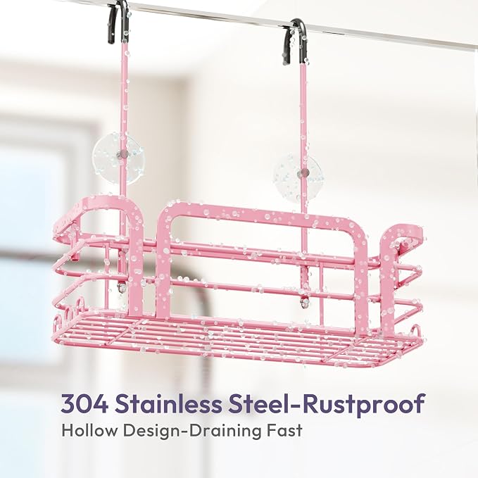 SWTYMIKI Shower Caddy Hanging Organizer - Over the Door Shower Caddy with 6 Hooks, 2 Installation Ways, Stainless Steel Rustproof Bathroom Organizer, Pink Small
