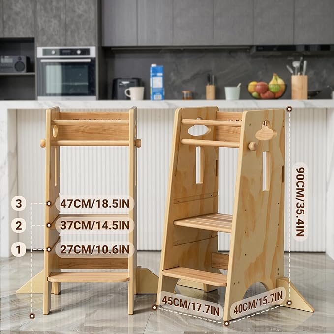 COSYLAND Height Adjustable Toddler Standing Tower(NO Wide Back Panel) - Super Stable Kids Kitchen Stool Helper with 4 Support Blocks - 3 Levels Adjustable Wooden Kitchen Stool (All Natural)