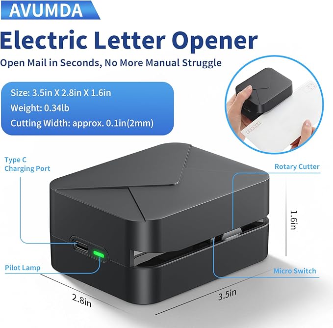 Rechargeable Electric Letter Opener Mail Opener Letter Openers Envelope Slitter Automatic Letter Opener Portable & Safe Blade Design, Universal Envelope Efficient Tool for Office Home (Black)