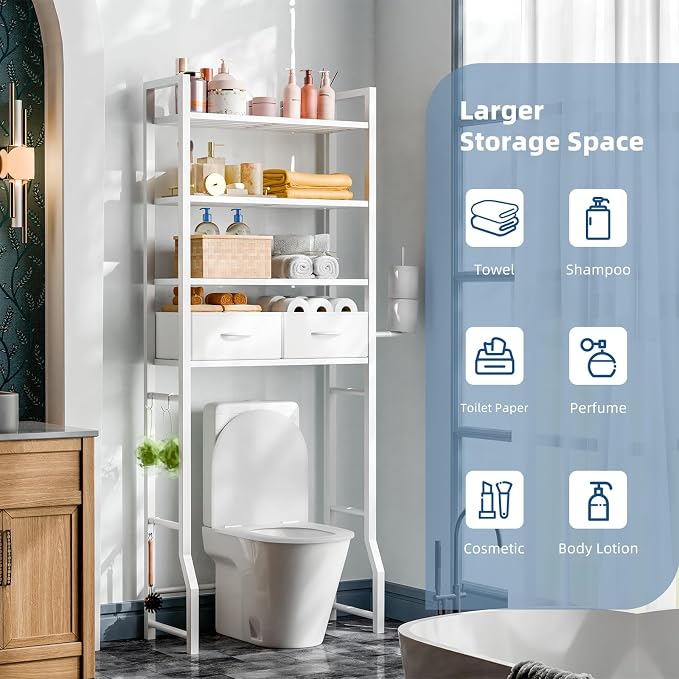 Simple Trending 4 Tier Over The Toilet Storage with Drawers, Heavy Duty Bathroom Stand Organizer Metal Shelves for Laundry, White