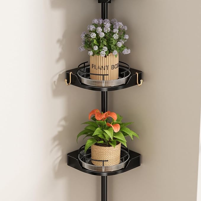 YCIA&DONE 360° Rotating Shower Caddy Tension Pole, 3 Tiers Corner Shower Organizer for Bathroom Shelf Bathtub, Adjustable Standing Shower Rack, Easily Assemble, 34-124 Inch Height, Black
