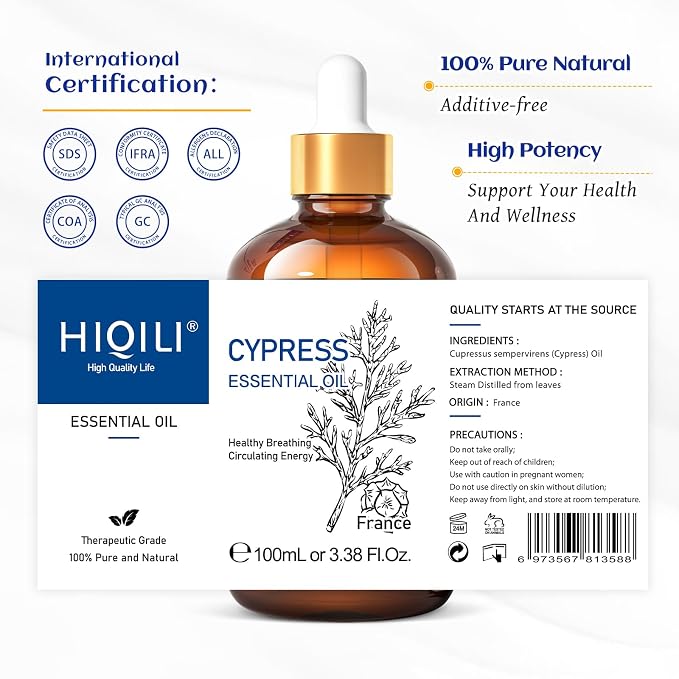 HIQILI 100ML Cypress Essential Oil, 100% Natural for Diffuser, Skin Care, Includes 10ML Travel Bottle - 3.38 Fl Oz