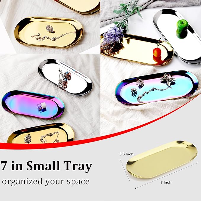 Stainless Steel Decorative Tray, Set of 2, 7 Inch Long, Jewelry Dish Cosmetics Organizer Bathroom Clutter Serving Platter Small Storage Tray, Oval, Gold
