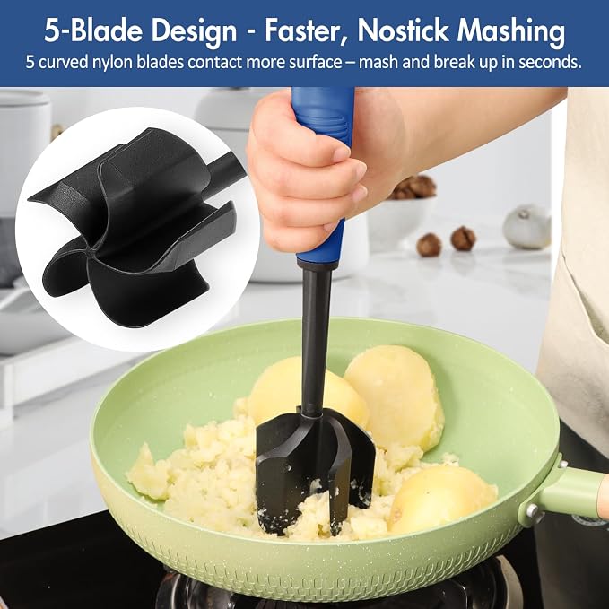 Ourokhome Meat Chopper and Potato Masher, Heat Resistant Nylon Ground Beef Smasher for Hamburger, 5 Curved Blades Nonstick Safe Mixer & Stirrer, Practical Kitchen Gadgets, Navy.