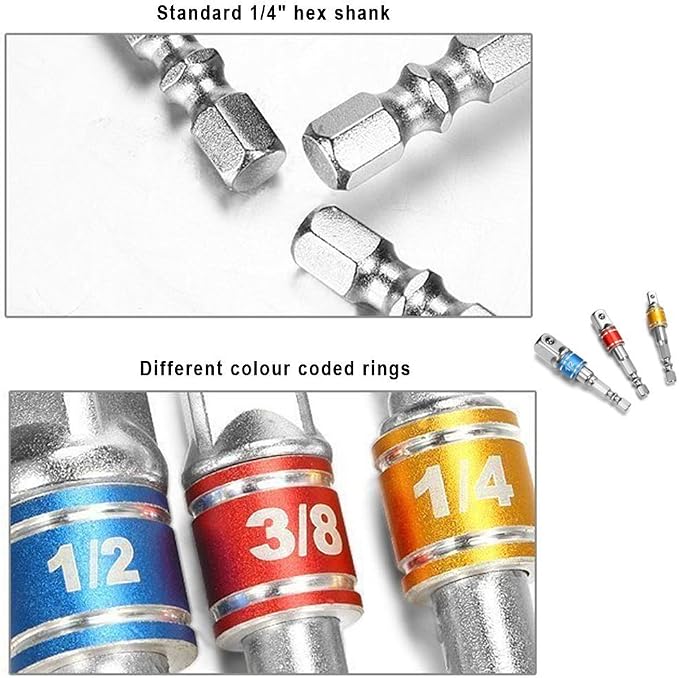 CIGOTU Impact Grade Socket Adapter/Extension Set Turns Power Drill Into High Speed Nut Driver,1/4-Inch Hex Shank to Drive for Adapters to Use with Drill Chucks, Sizes 1/4" 3/8" 1/2", Cr-V, 3-Piece