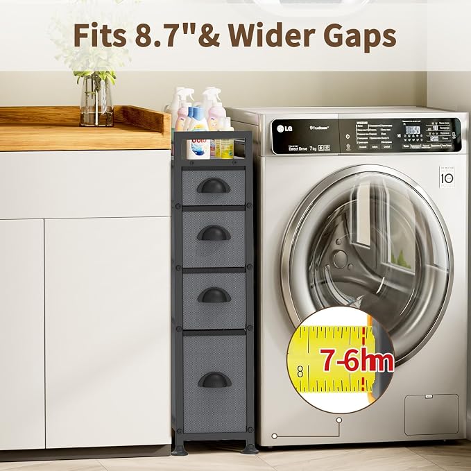 LASZOLA 4 Drawer Narrow Slim Cabinet Skinny Storage Tower Chest, Ideal for Small Spaces, Between Washer and Dryer, Lightweight Mobile on Wheels, Sturdy Fabric Drawers