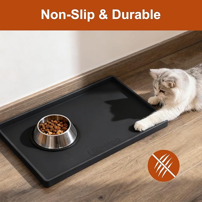 ukeetap Extra Thick Silicone Mat Waterproof with Raised Edge 19” x 12”, BPA Free Non-Slip Dog & Cat Food Mat, Feeding Mat for Food and Water Bowls, Spill Proof Mat to Protect Floors, Black