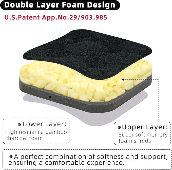 GOFORIT Memory Foam Seat Cushion，Kitchen Chair Cushions for Dining Chairs,Non-Slip Chair Pads with Removable Cover, 16'' x 16'', Black